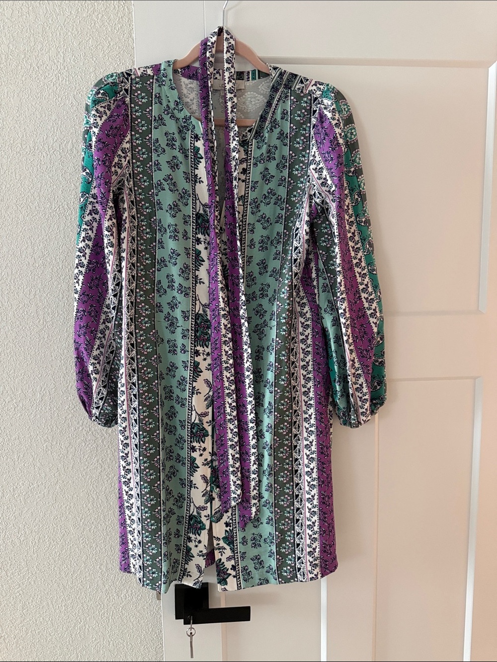 Loft Floral Tie-Neck Dress in Mint & Purple